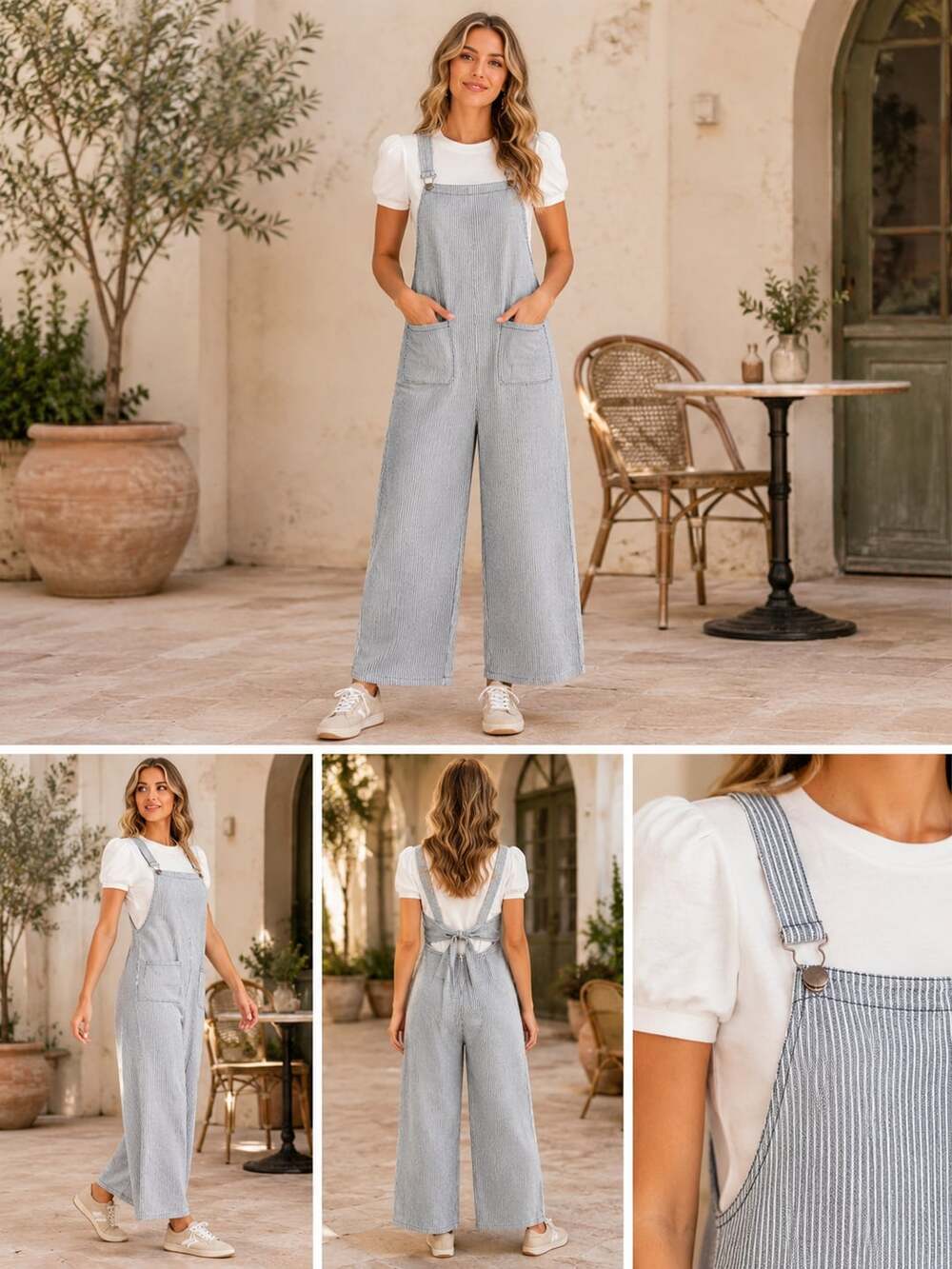 Women’s Blue Pinstripe Tie Back Wide Leg Jumpsuit Size M Coastal Minimalist